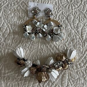 J. Crew White and Gold Floral Statement bracelet & Earrings Set